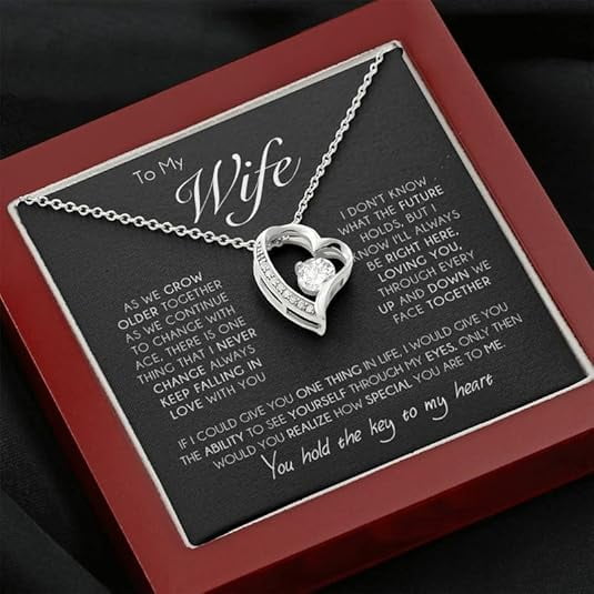 Christmas Gift for Wife from Husband, Birthday Gift for Her, Forever Love Necklace To My Wife with Message Card and LED Box, Cubic Zirconia Heart Necklace for Women