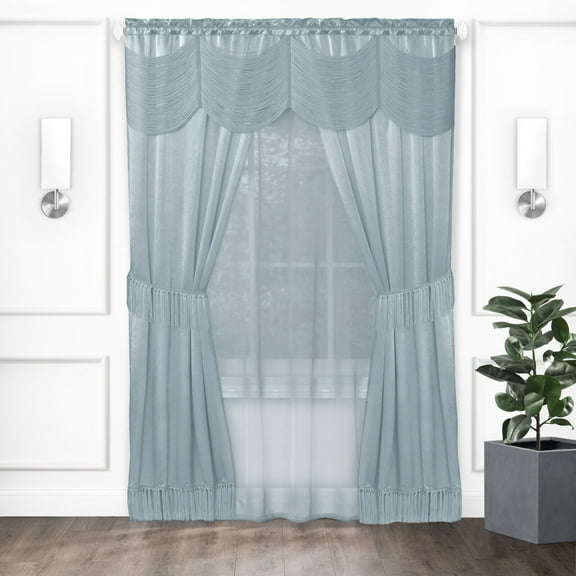 Kate Aurora Satin Chic Complete Attached Window Curtain, Tiebacks & Valance Set - Assorted Colors & Sizes