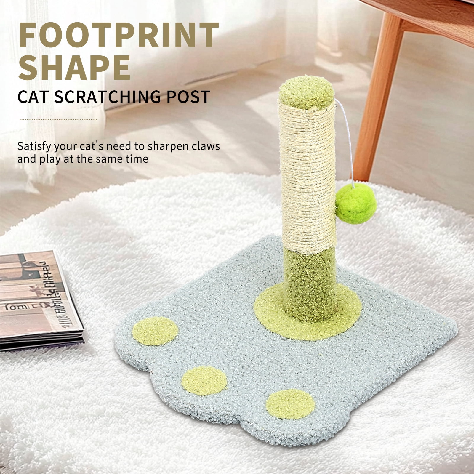 Wear-Resistant Natural Sisal Cat Scratching Post with Cat Ball, Light Blue and Green Paw Print