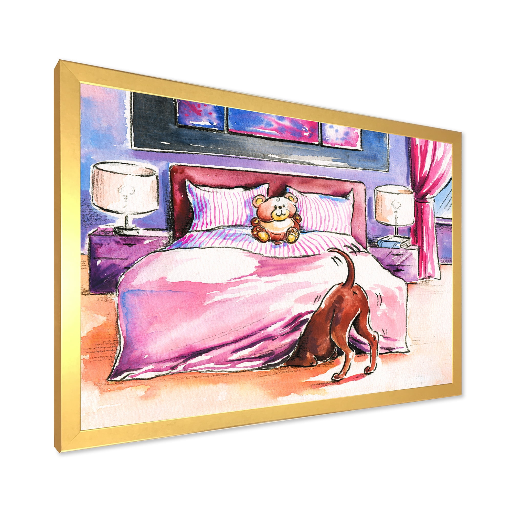Designart 'Brown Dog Looking Under the Bed and Teddy Bear' Farmhouse Framed Art Print