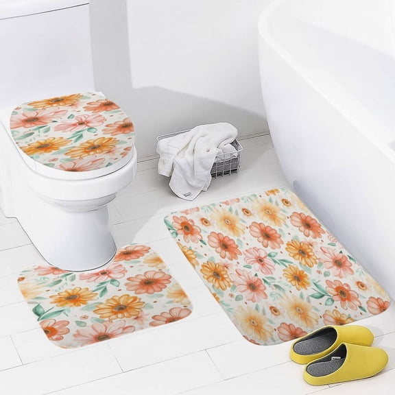 Floral Colorful Flower Bathroom Mats Set 3-piece Bath Mats , Floor Rug Decorations for Kitchen Bathroom Bedroom
