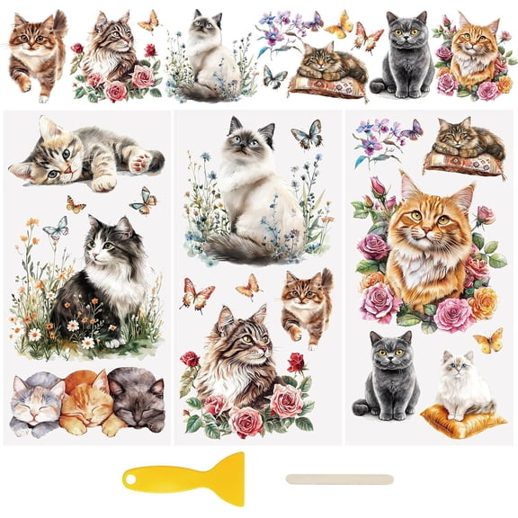 3 Sheets Cat UV DTF Wraps Stickers,Watercolor Style Rub on Transfers Furniture Stickers Waterproof Transfers Window Decals for Glass and DIY Crafts
