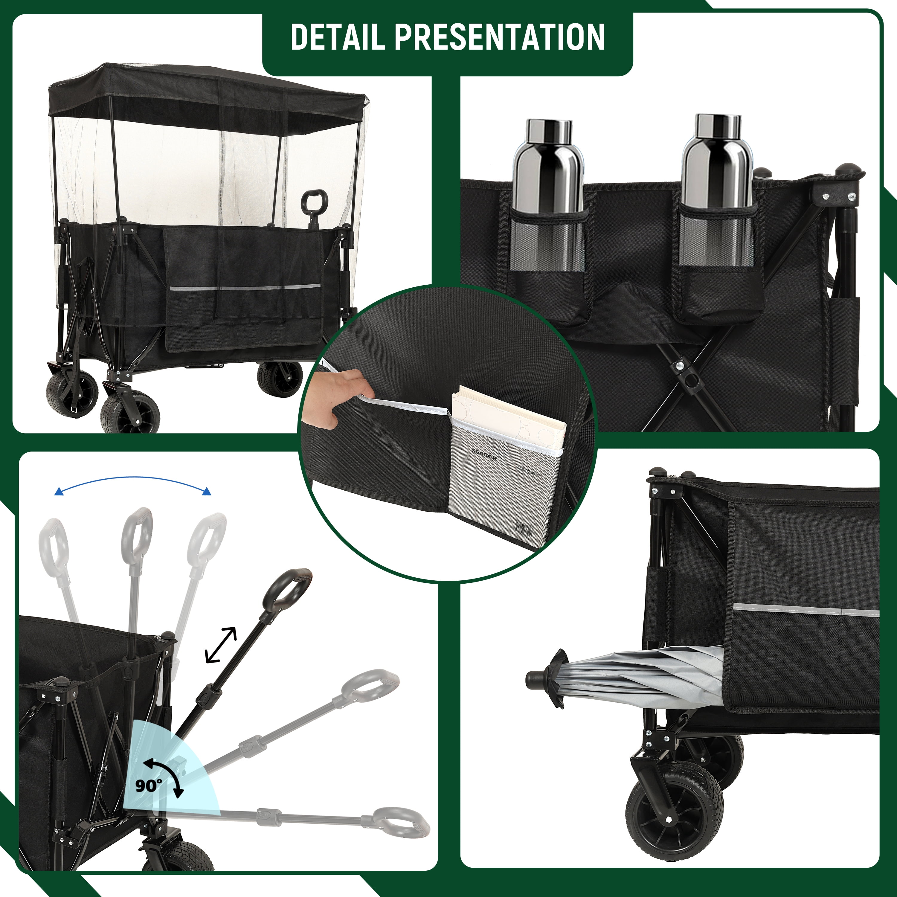 Kumix Collapsible Foldable Extended Wagon with Canopy, 480LBS Weight Capacity, Heavy Duty Folding Utility Garden Cart with Big All-Terrain Beach Wheels & Drink Holders, Side Pocket and Brakes, Black