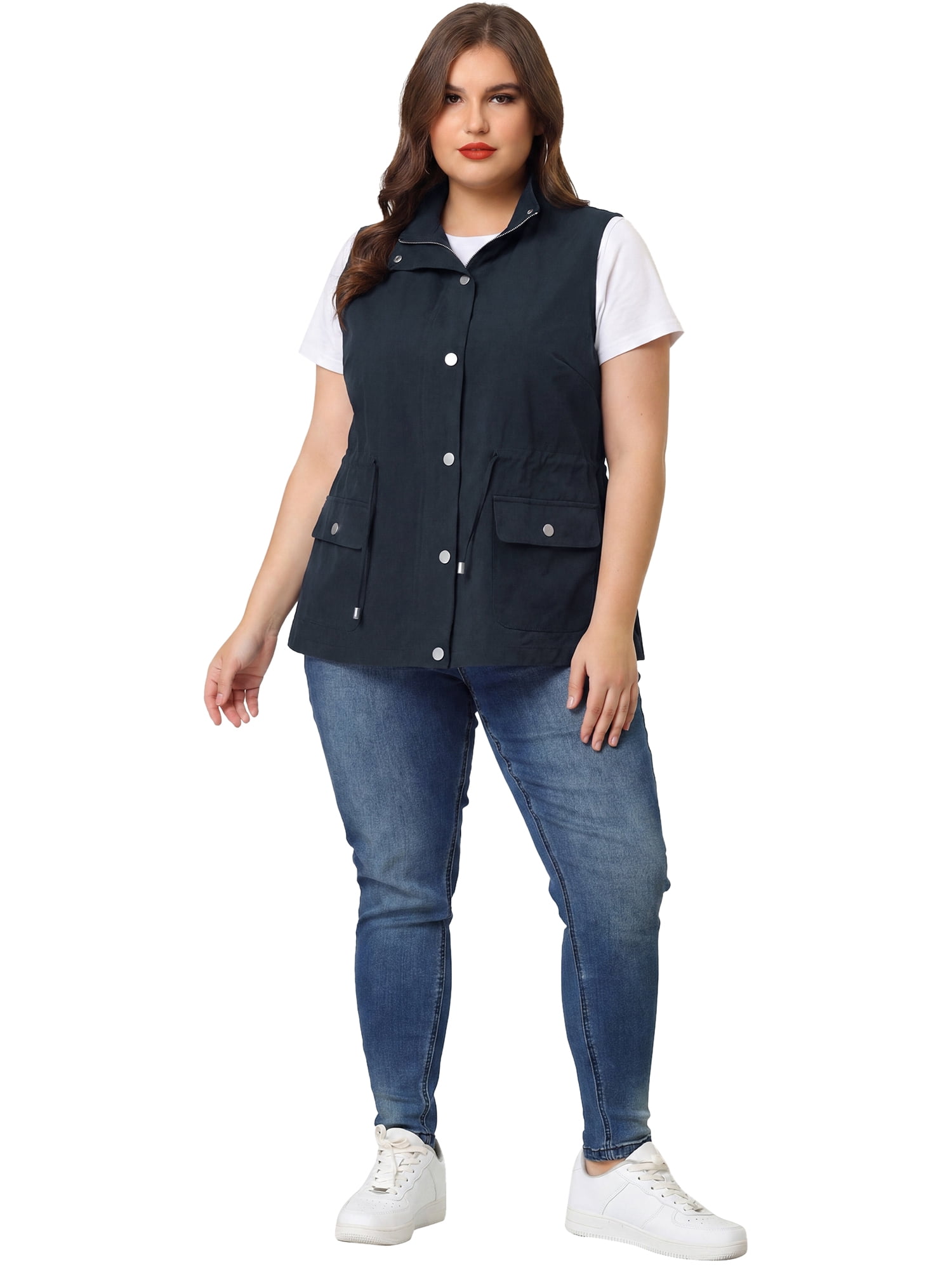 DARING DIVA Women's Plus Size Lightweight Sleeveless Anorak Cargo Vest 5X Navy Blue