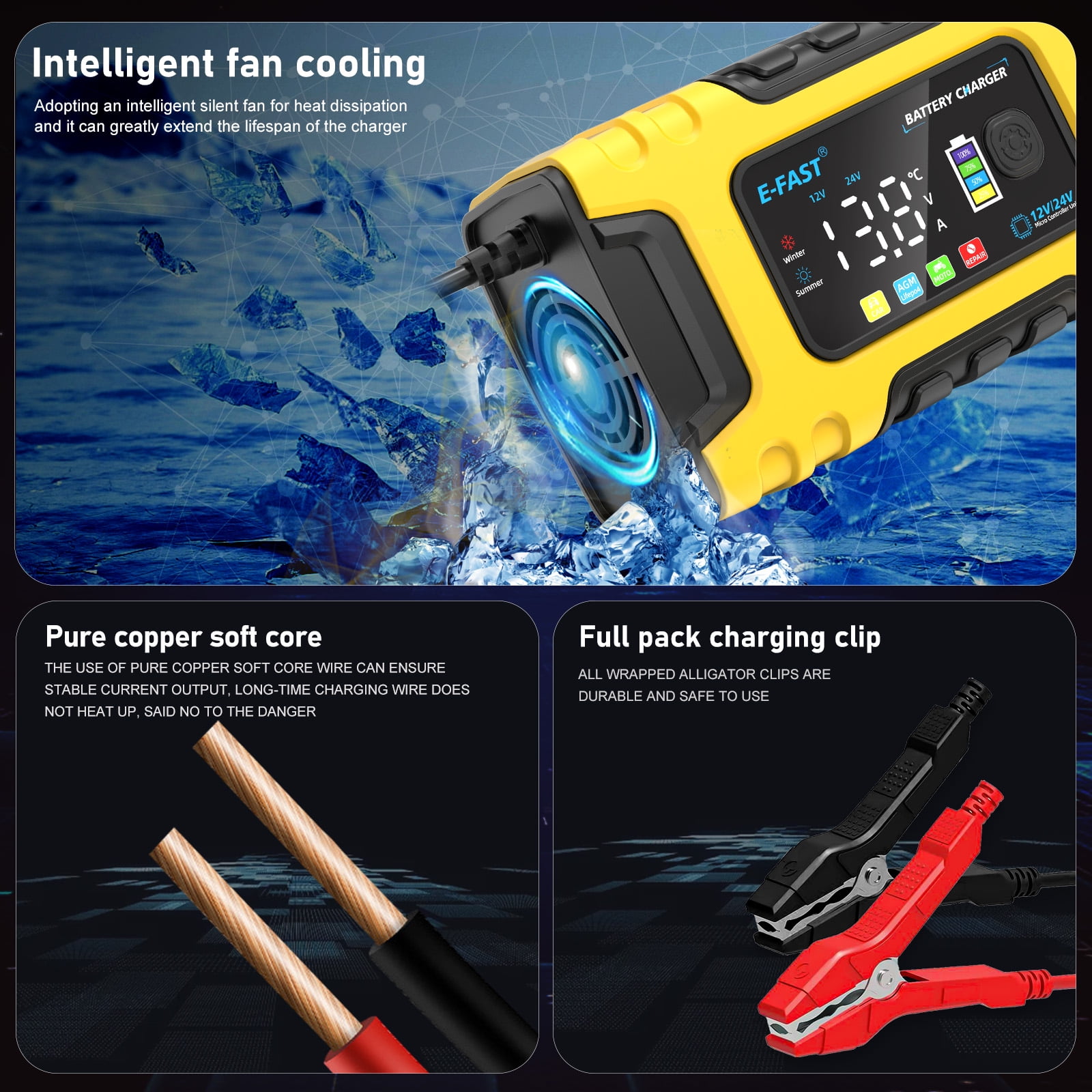 12V 10A 24V 5A Smart Automatic Maintainer Trickle Charger, 7 Stage Lead Acid AGM LiFePO4 Battery Charger for Cars Motorcycles Boats,Yellow