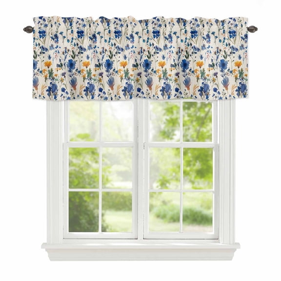 Pastoral Floral Window Valance for Kitchen, Watercolor Blue Yellow Wildflowers Field Linen Rod Pocket Short Curtain for Small Windows, Light Filtering Decorative Valance, 60 x 14 Inch, 1 Panel