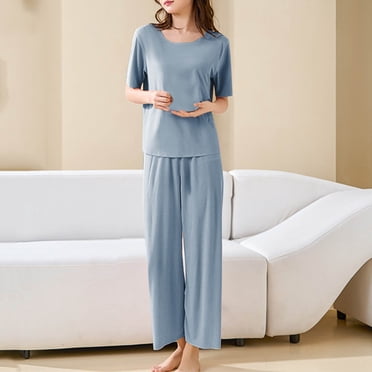 Juslio Womens Pajama Sets Ice Silk Casual Homewear Short Sleeve Tops and Pants Fashion 2 Piece Matching Pajamas Sets L