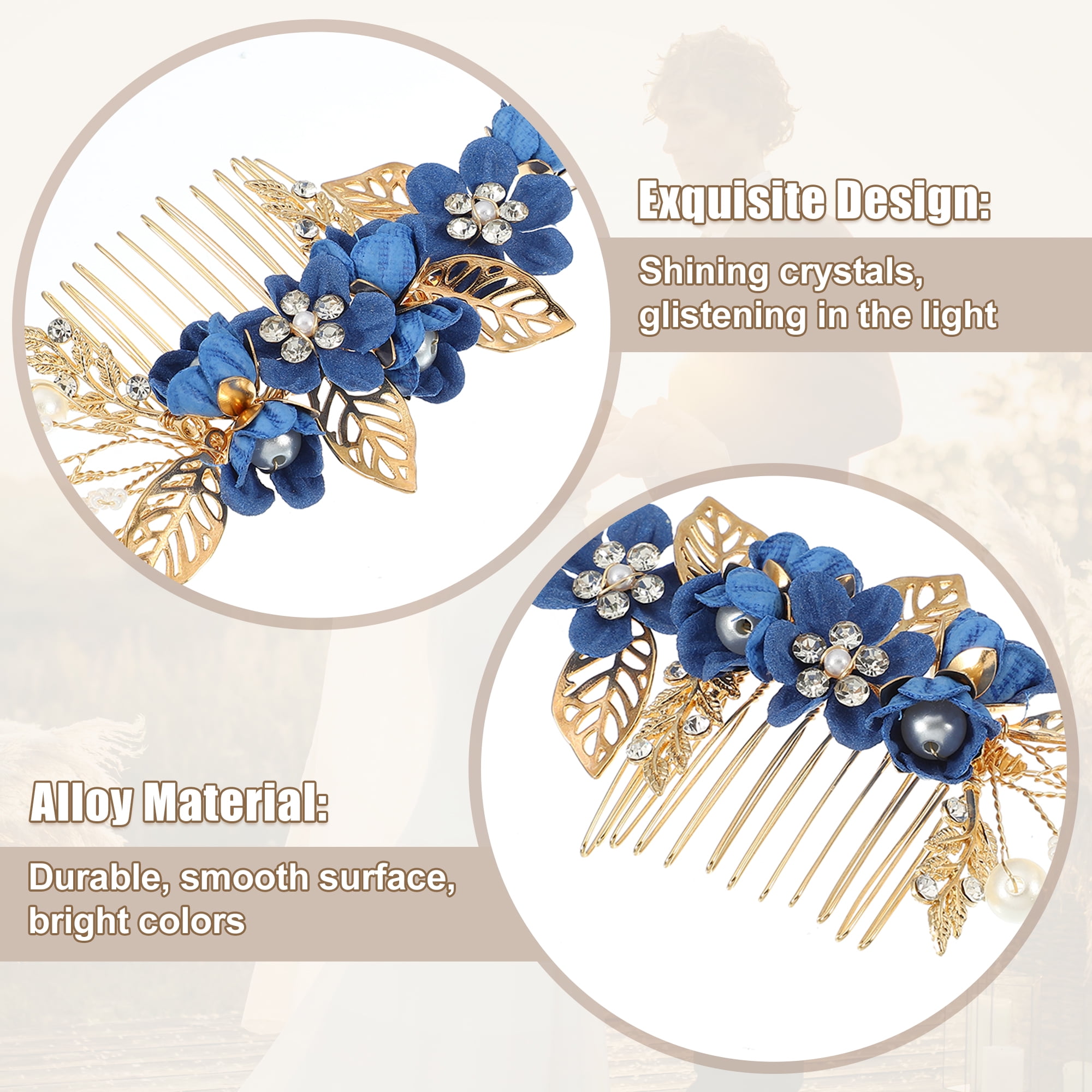 Unique Bargains 4 Pcs Rhinestone Hair Comb for Bride Flower Side Comb Headpiece Deep Blue