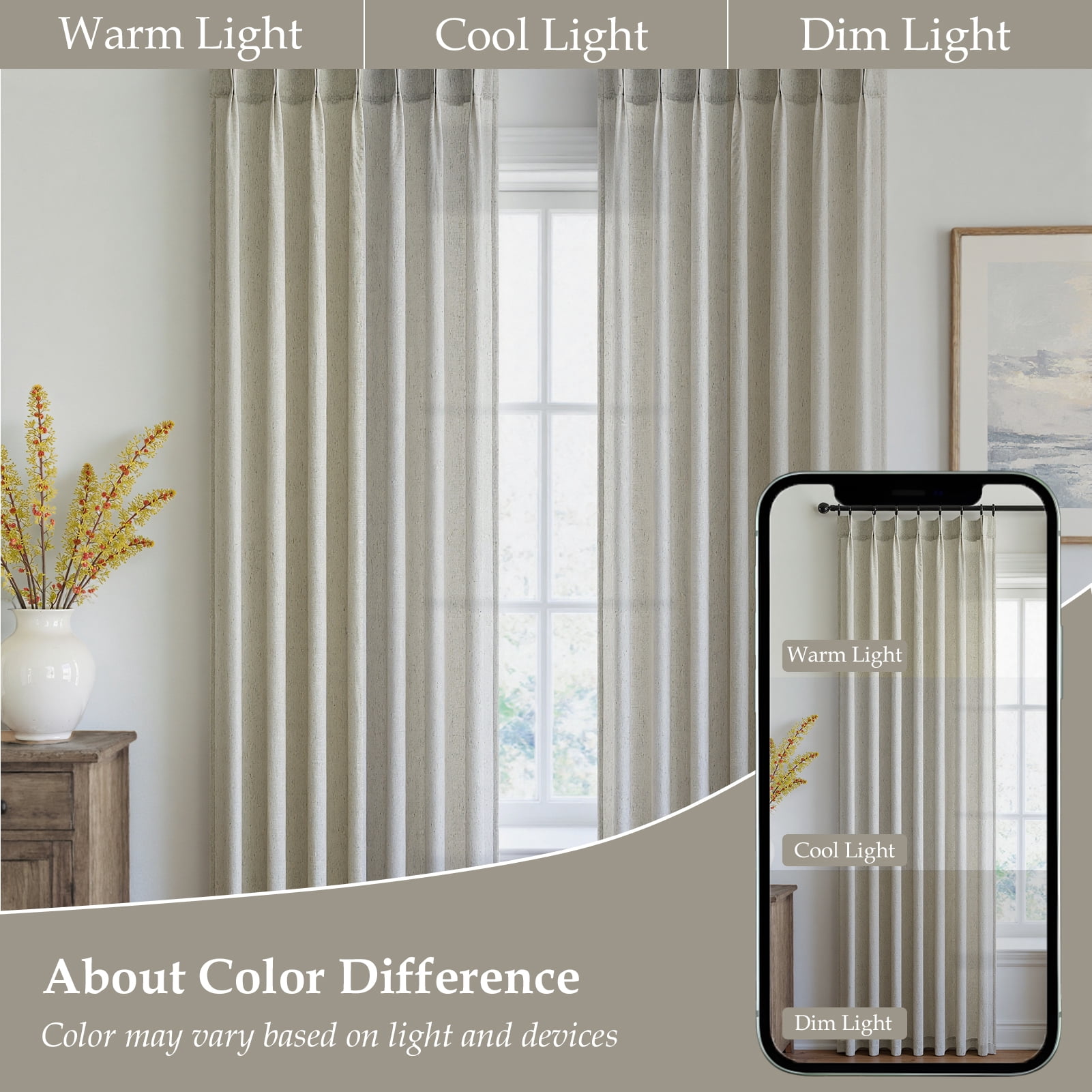 Jainmy Pinch Pleated Linen Curtains, Boho Light Filtering Living Room Bedroom Curtain,Window Treatments with Hook,Oatmeal, 40x96 inch, 2 Panels