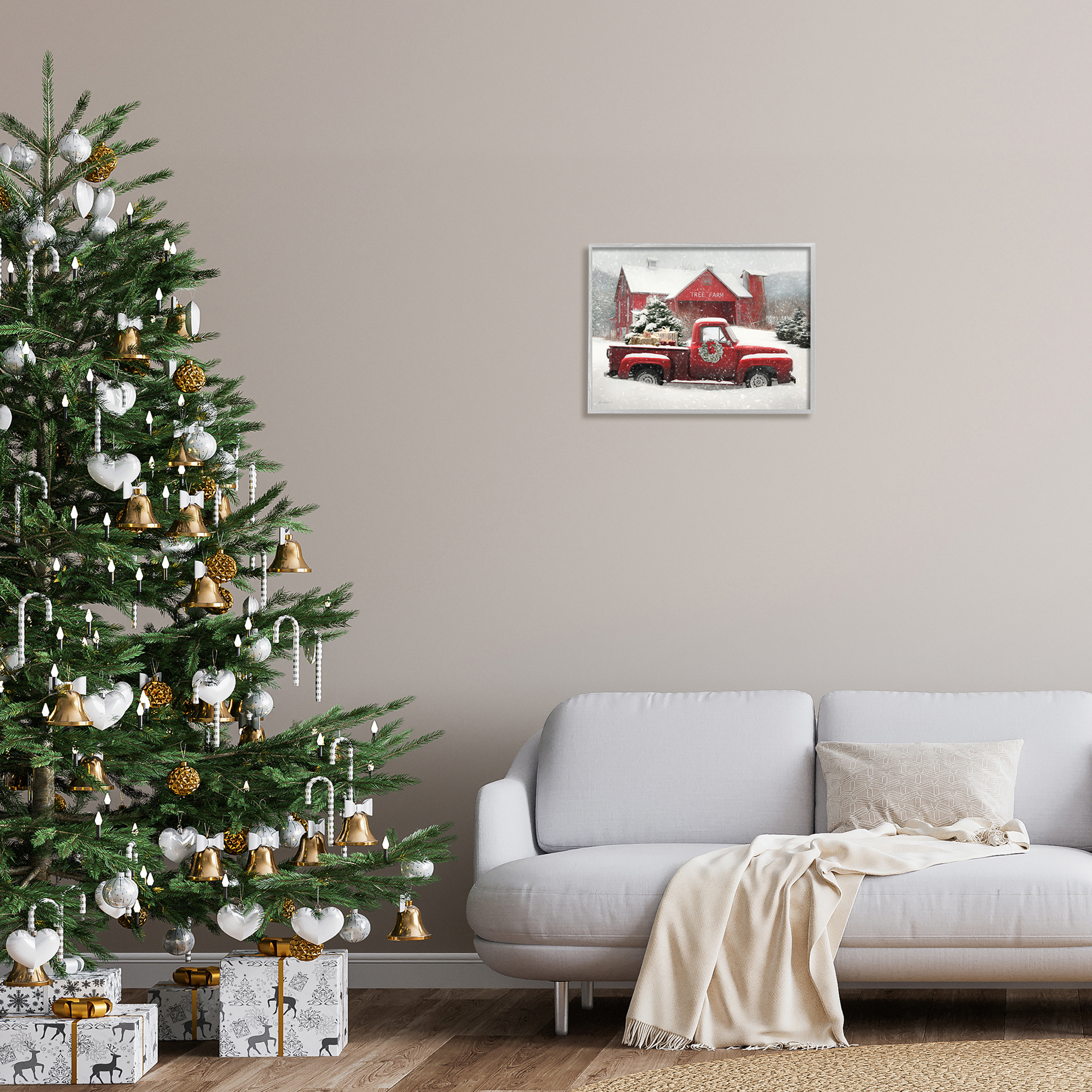Tree Farm Red Truck Wintery Snow Flurries Transportation Painting Framed Art Print Wall Art