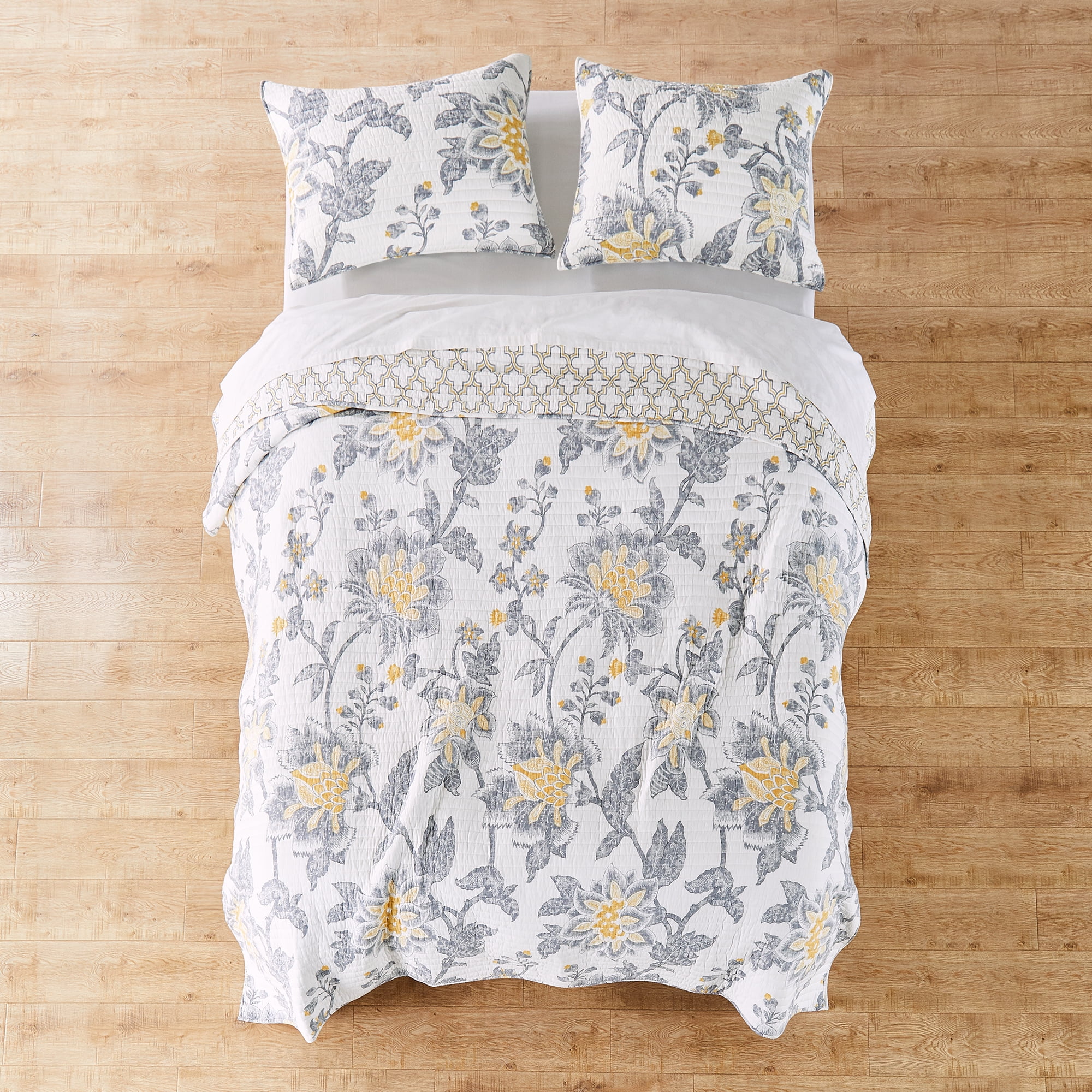 Levtex Home - Reverie Quilt Set - Full/Queen Quilt + Two Standard Pillow Shams - Floral - Yellow, Grey, and White - Quilt Size (88x92in.) and Pillow Sham Size (26x20in.) - Reversible - Cotton Fabric