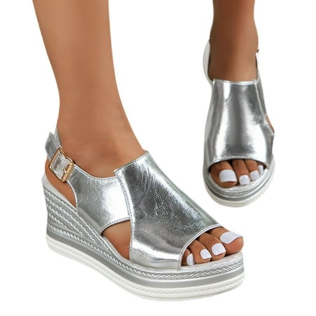 

ZIZOCWA Pu Leather Sandalias Mujer Glitter Color Silver Women Casual Wedges Sandals One Line Buckle Open Toe Women Summer Beach Sandals Silver Size7.5