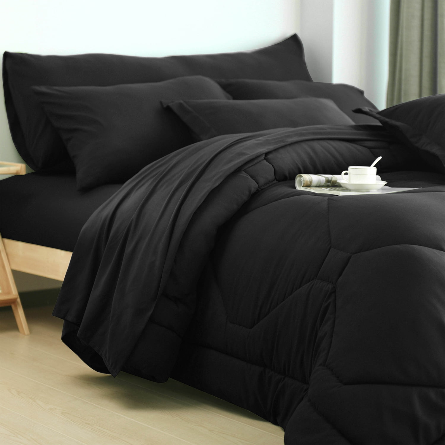 HIG 8 PCS Modern Comforter Set All Season Bed in a Bag, Black, Queen Size
