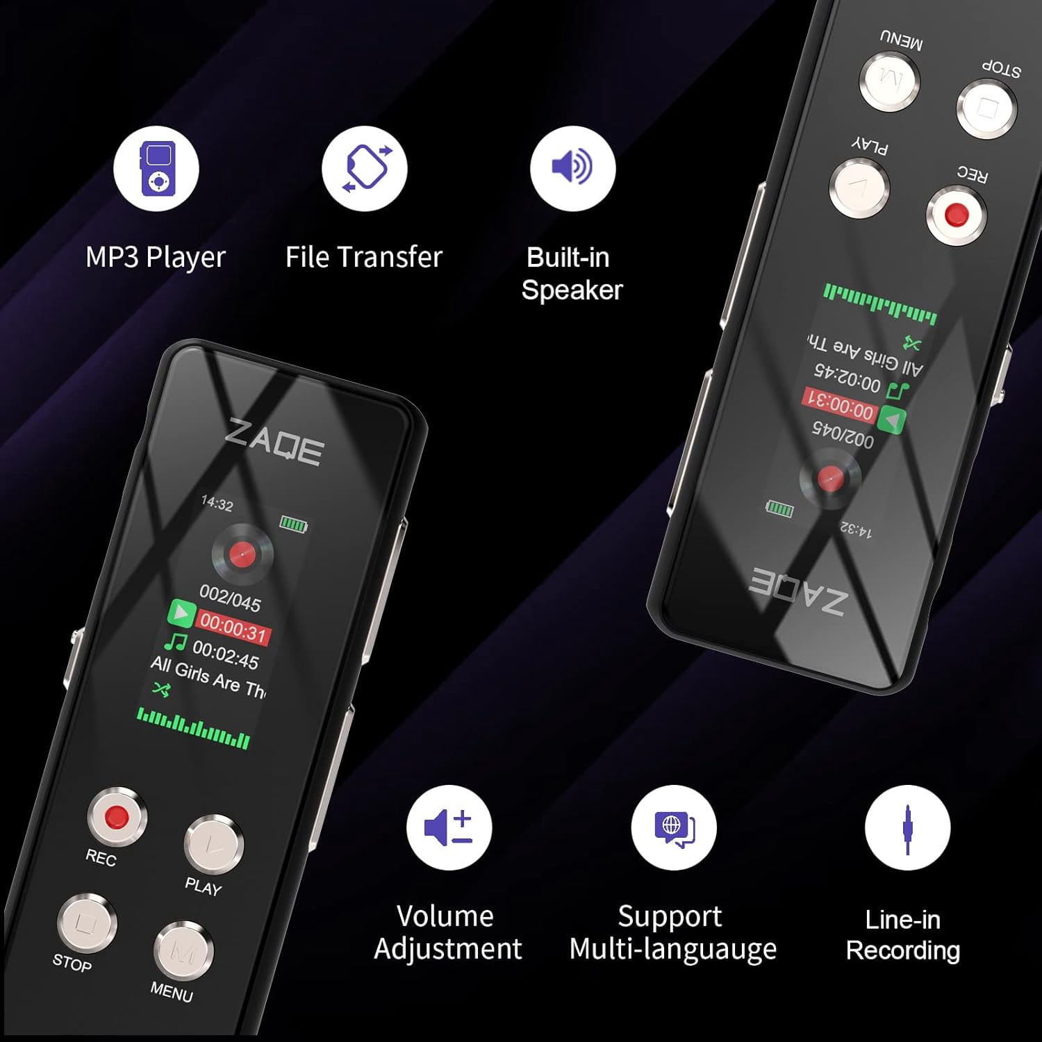 ZAQE A55 64GB Digital Voice Recorder with Playback USB Suitable for lectures, conferences, interviews, mini recorders, MP3