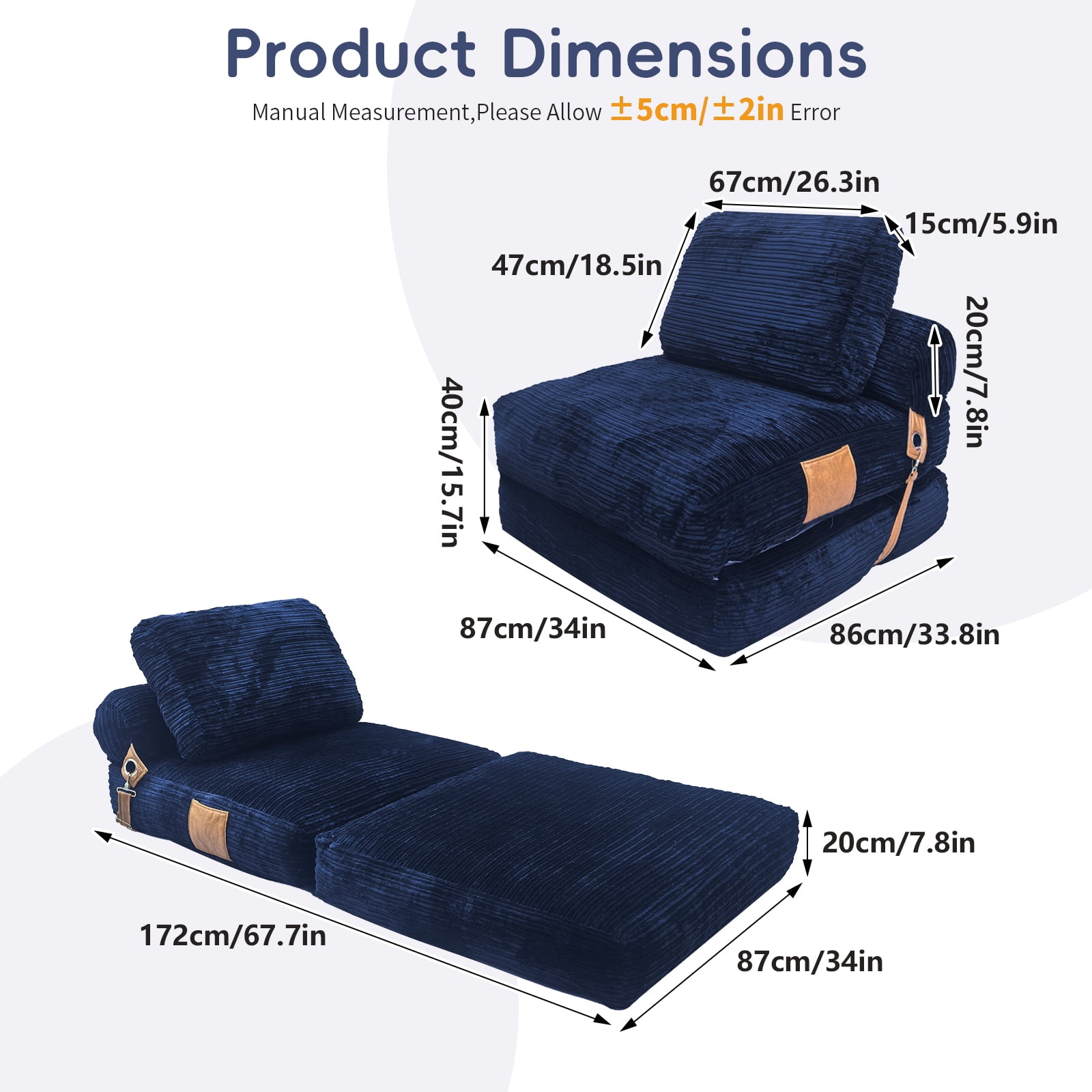 Leumius Folding Sofa Bed,Convertible Chair Bed with Pillow and Back Support,Portable Fold Out Couch Floor Sofa for Living Room Bedroom,Blue