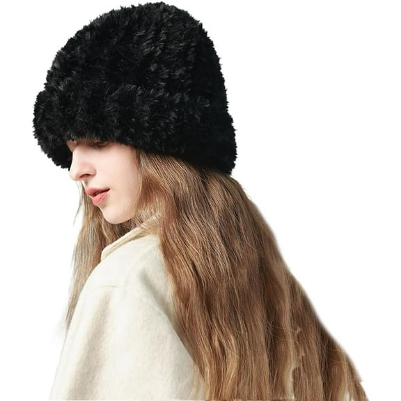 AKcxy Women Chunky Cossack Beanie Hat Oversized Faux Fur Cuffed Beanie Winter Fuzzy Soft Knitted Cap