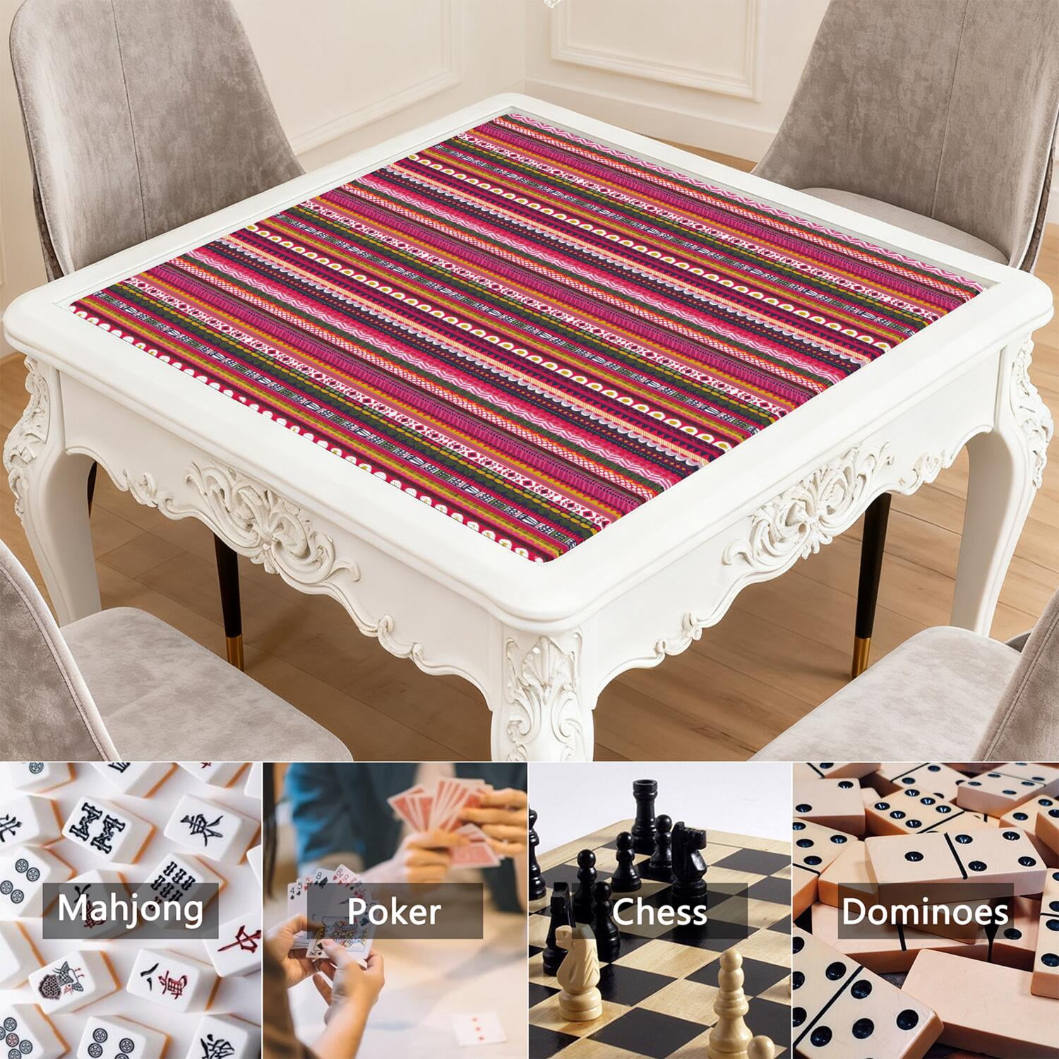 Boho Print Anti-Slip Rubber Game Table Mat 31.5 Inch Square Extra Large Mahjong Pad with Quiet Surface for Playing Tiles Cards and Family Fun
