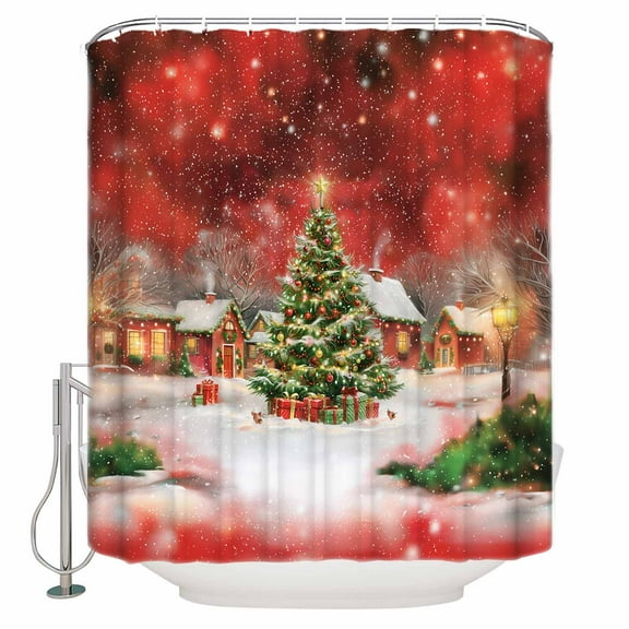 Christmas Shower Curtain, 48" x 72", Red View Christmas Tree Hut Light Golden Snowflakes Waterproof Bathroom Curtain Washable Shower Curtain Set with 12 Hooks