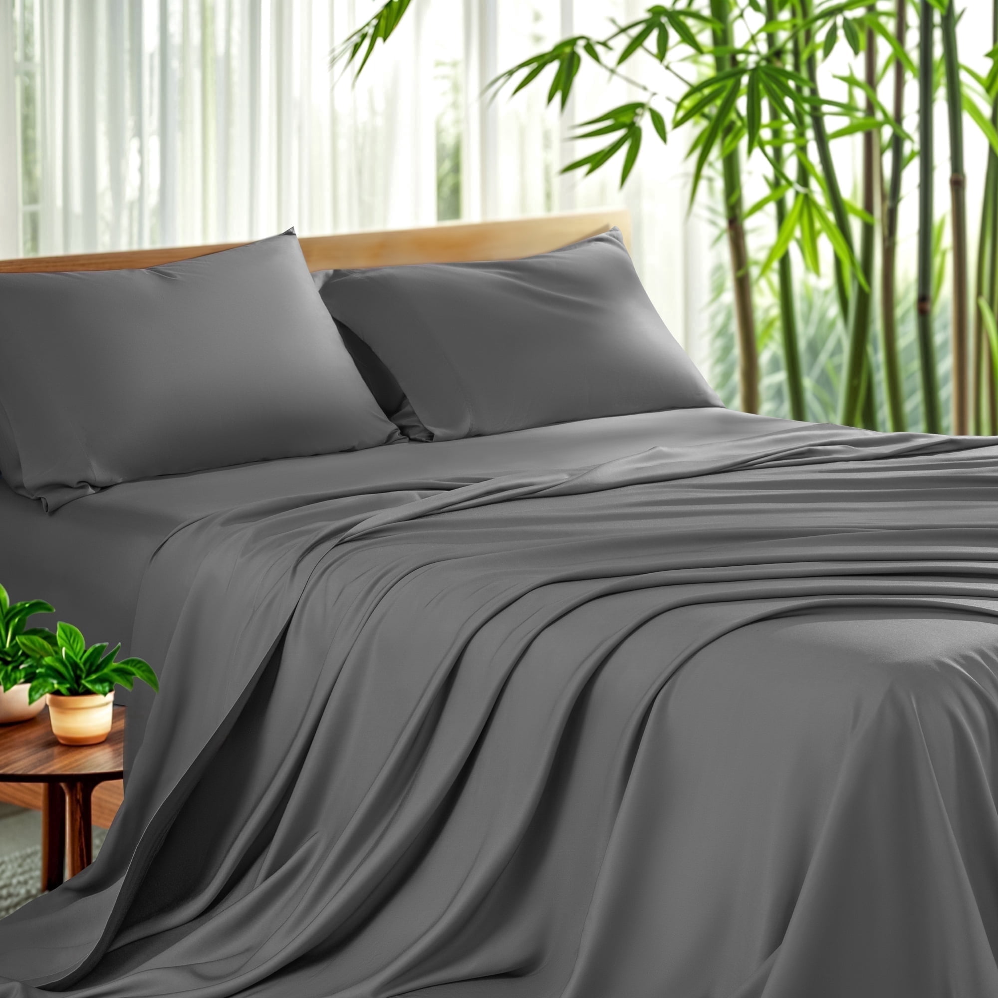 Sonoro Kate Luxury Cooling Bamboo Bed Sheet Set - Deep Pockets - 4 Piece, Queen, Dark Gray