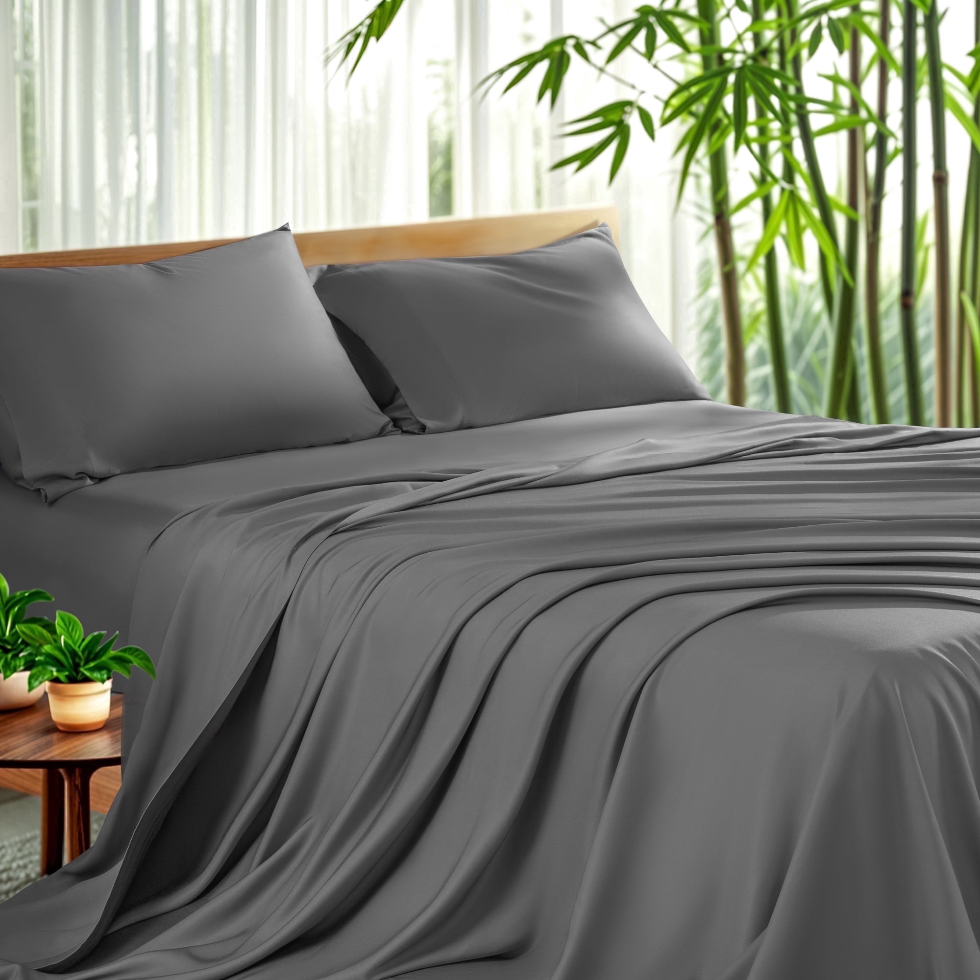 Sonoro Kate Luxury Cooling Bamboo Bed Sheet Set - Deep Pockets - 4 Piece, Queen, Dark Gray