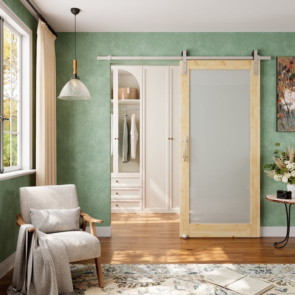 36" x 80" Solid Pine And 1-Lite Frosted Glass Sliding Barn Door With Nickel Plated Installation Hardware Kit(No Assembly Required)