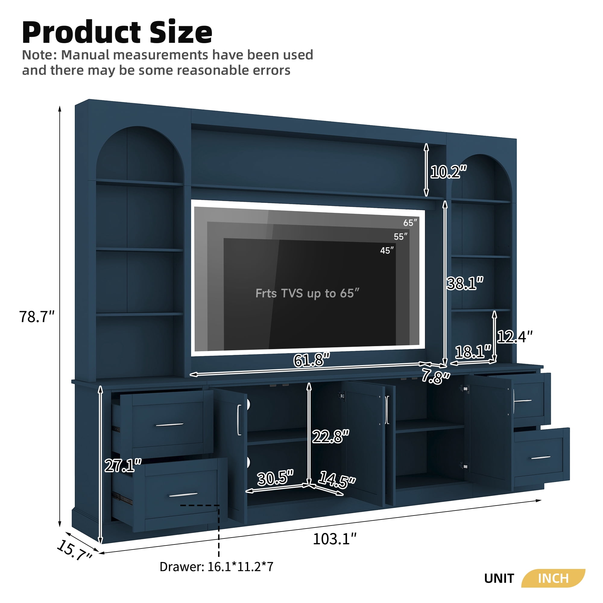 Aukfa 103" W Wall Unit Modern TV Stand for TVs up to 65" - Large Media Entertainment Center with Bookshelves for Living Room, Blue