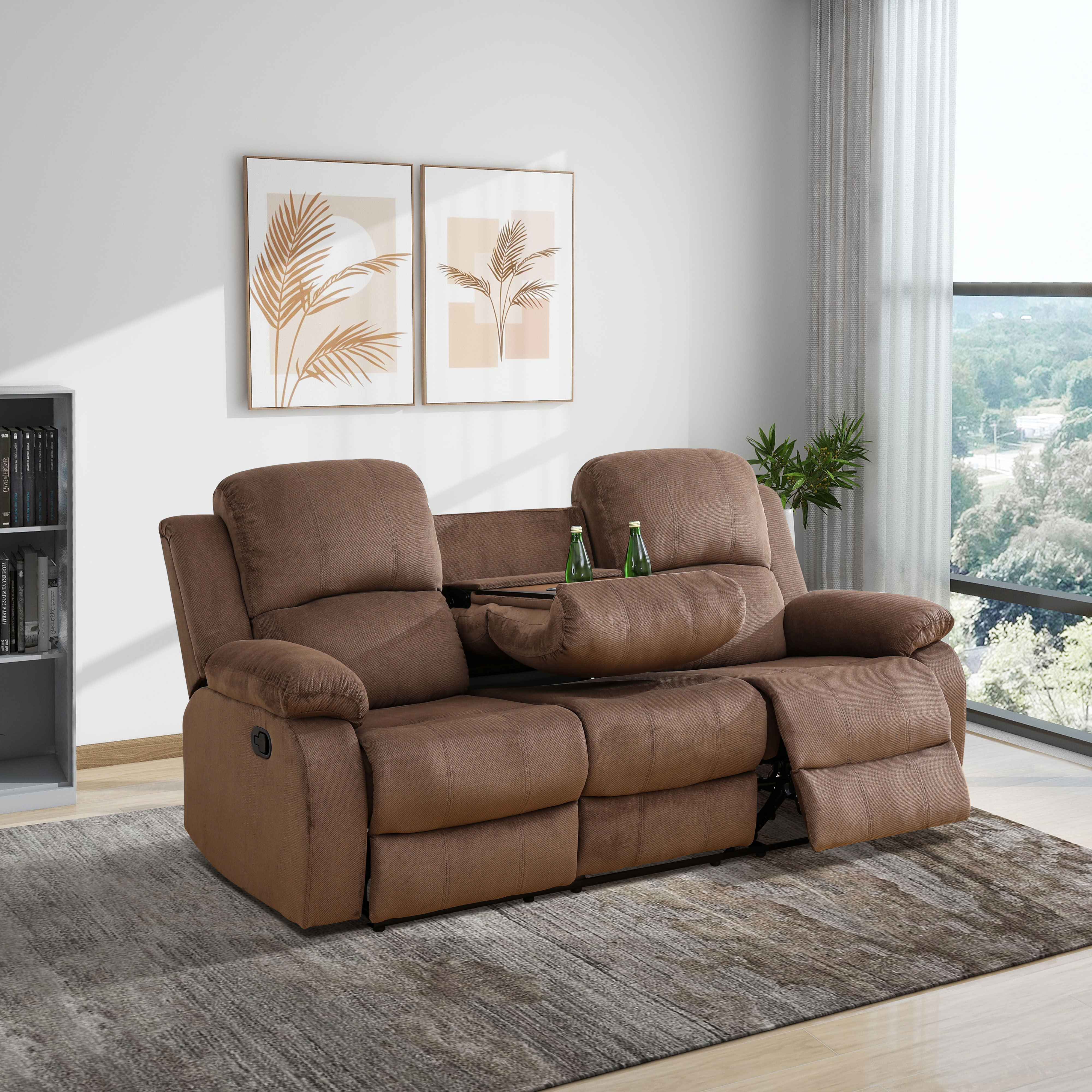 MAYEERTY 3-Seater Recliner Sofa, Non-Spinning Fabric with Reversible Coffee Table for Family Living Room