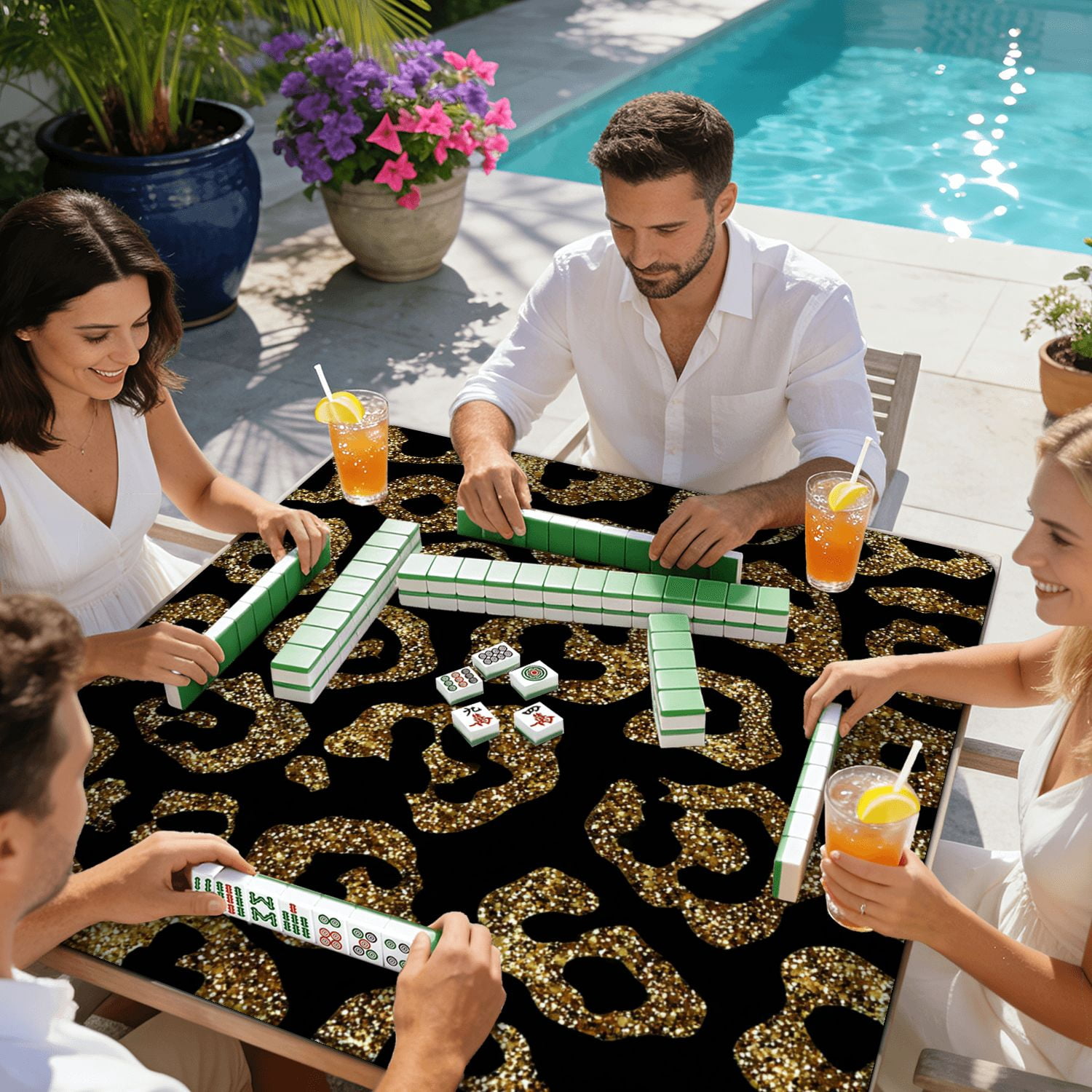 Mahjong Mat 31.5" x 31.5" fashion seamless gold glitter leopard fur Non-Slip Noise Reduction American Mahjong Tiles Table Cover for Dominoes Poker Card Board Games Gift