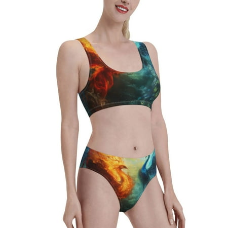 Uemuo Red And Blue Fire Peacock Printed Women s High Waisted Bikini Sets Sporty Two Piece Swimsuits Color Block Cheeky High Cut Bathing Suits-