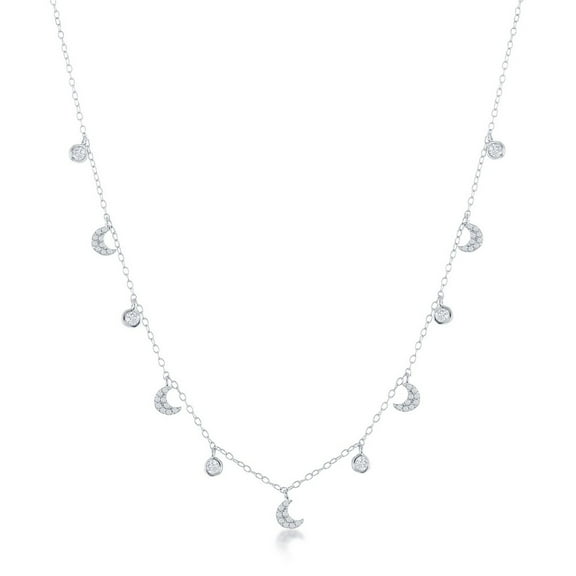 iJewelry2 Sterling Silver Station Round Bezel and Crescent Moon Charms CZ Necklace