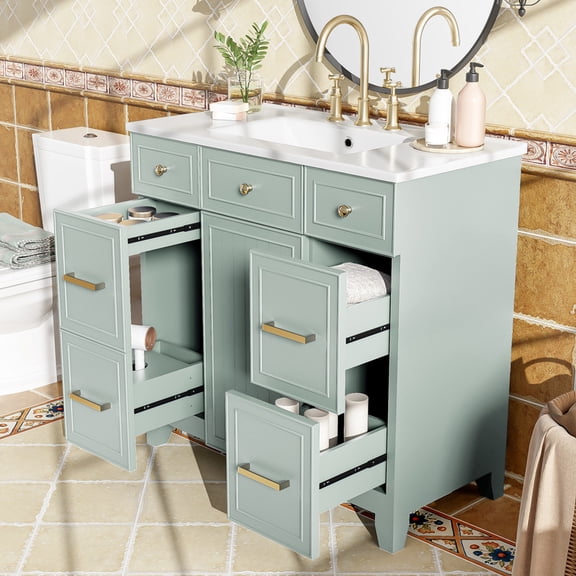 Mirightone 36" Bathroom Vanity with Sink, Wood Freestanding Vanity with Ceramic Top, Soft-Close Drawers & Storage Shelf for Bathroom ( Light Green)