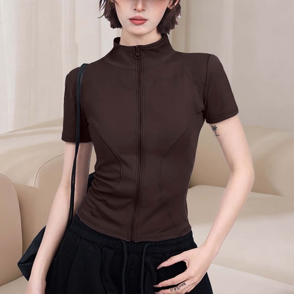 LEKWK Workout Tops for Women Slim Fit Mock Neck Full Zip Short Sleeve Athletic Shirts Solid Gym Yoga Running Tee