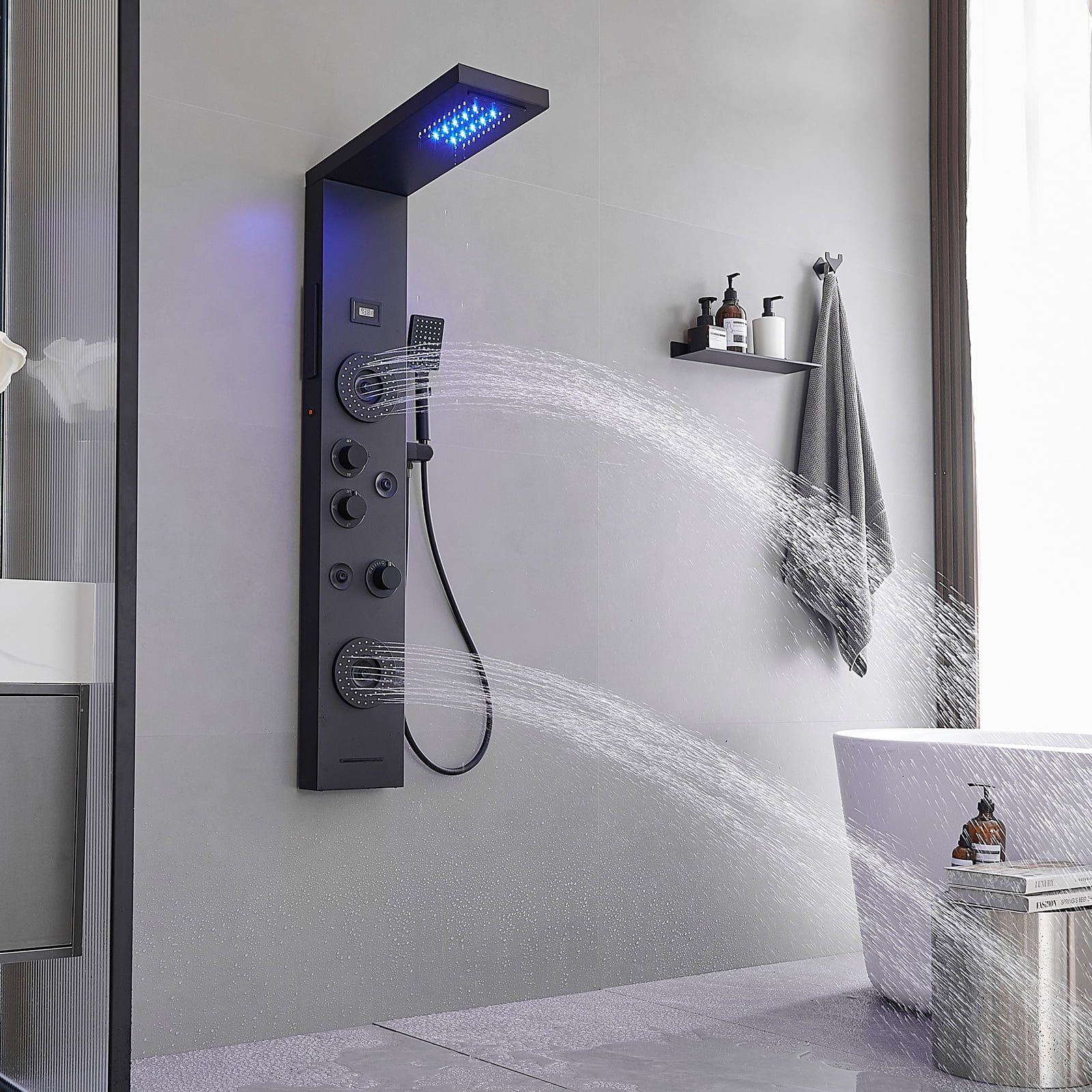 5-Jet Rainfall Shower Panel System with Rainfall Waterfall Shower Head and Shower Wand With LED Light in Stainless Steel