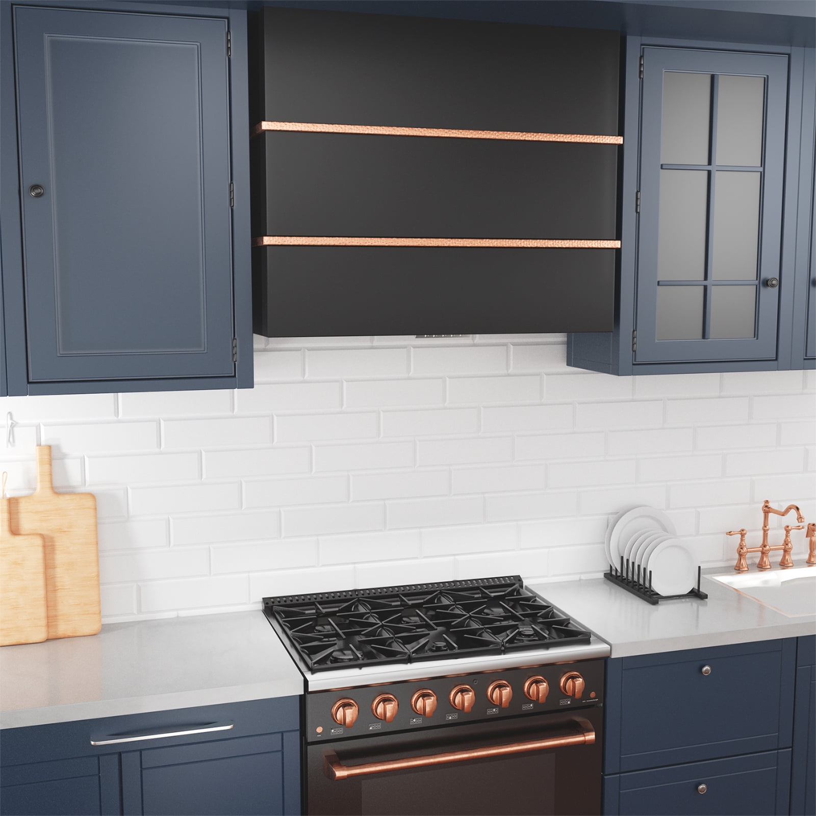 Akicon 36 inch Kitchen Range Hood with 600 CFM, Stainless Steel Wall Mounted Ducted Range Hood, 3 Speed Fan with LED Light, Powerful Vent Motor, Jet Black with Copper