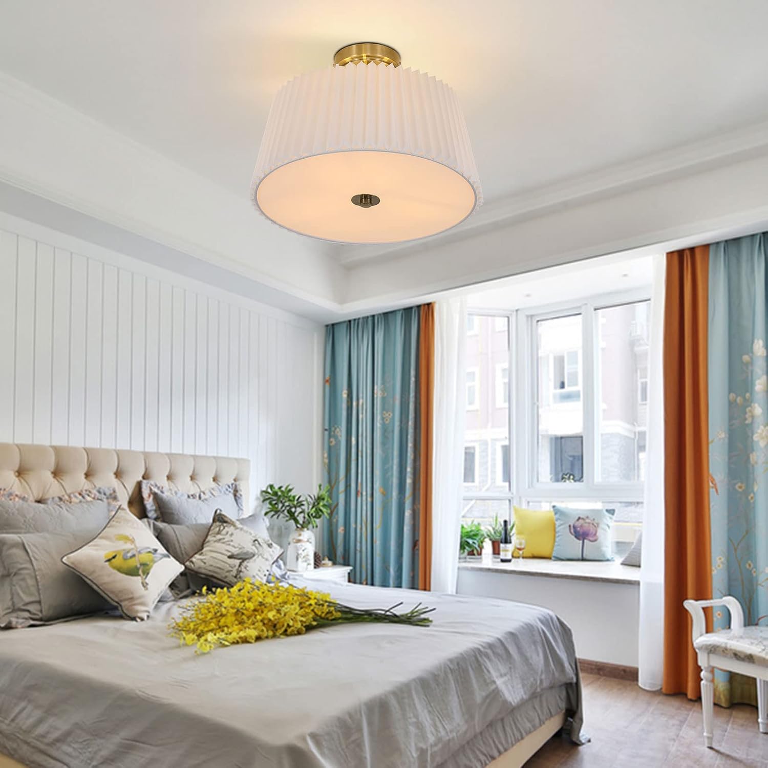 Miumaeov Semi Flush Mount Ceiling Light Fixture Gold Modern Close to Ceiling Lamp with White Fabric Shade  Farmhouse Brass Ceiling Light