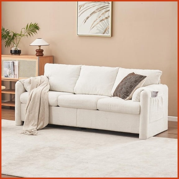 Modern 3-Seater Chenille Sofa 77'' - Plush Ivory White Couch for Living Room, Family Room & Home Theater