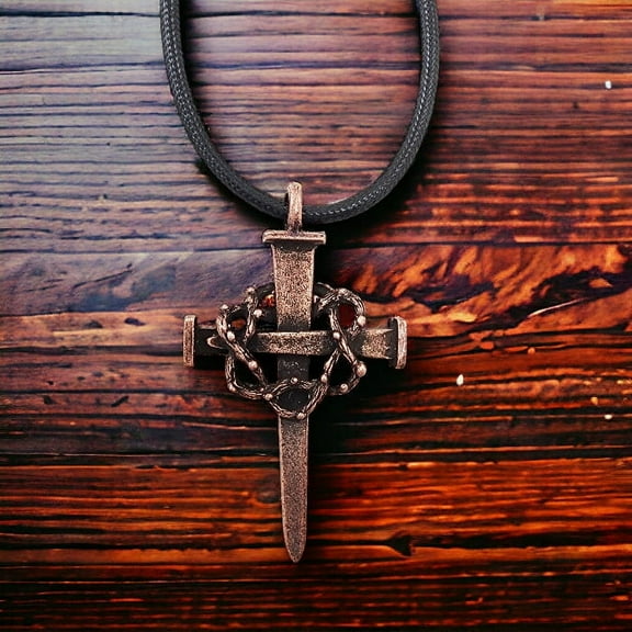 Nail Crown Cross Large Cross Pewter Antique Copper Metal Finish Black Cord Necklace For Men