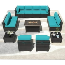 ASJMR 13 Pieces Outdoor Patio Furniture Set with Gas Fire Pit Table,Outside PE Rattan Wicker Sectional Sofa Conversation Sets with Green Cushions