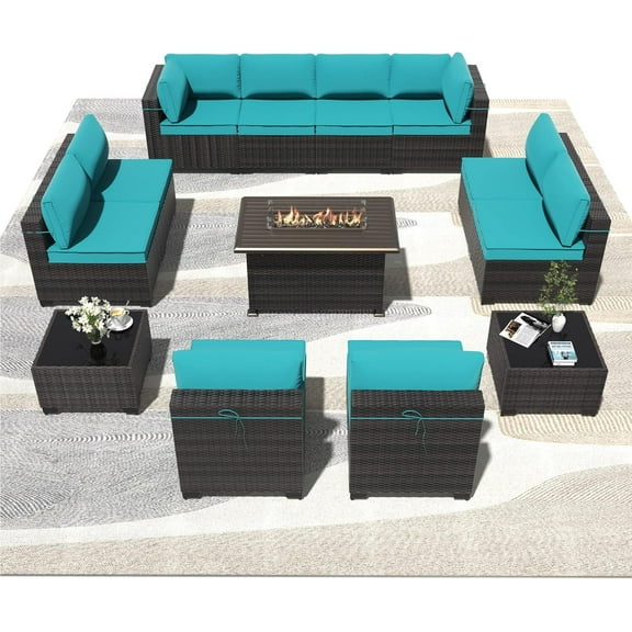 ASJMR 13 Pieces Outdoor Patio Furniture Set with Gas Fire Pit Table,Outside PE Rattan Wicker Sectional Sofa Conversation Sets with Green Cushions