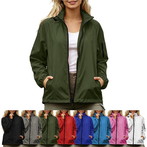 SYwaren Women's Fashion Rain Jacket Full Zip Hooded Windbreaker Water Resistant Windproof Outdoor Long Sleeve with Pockets
