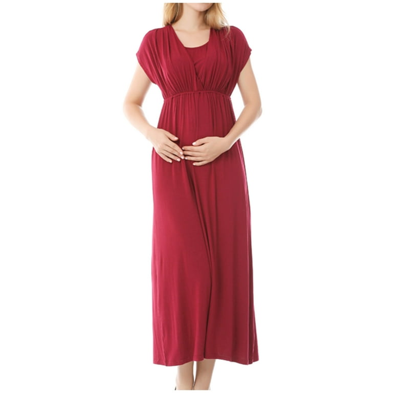 Herrnalise Women s Maternity Nursing Dresses Solid Color Short Sleeve Long Dress for Breastfeeding burgundy Walmart