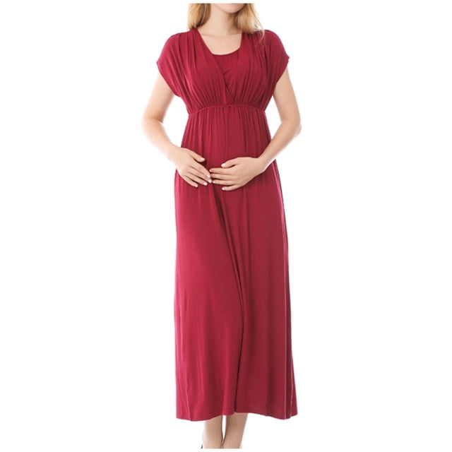 FAIWAD Robe de Maternité Formelle à Manches Courtes pour Femme, Col Rond, Portefeuille, Allaitement, Grossesse, Robe Maxi