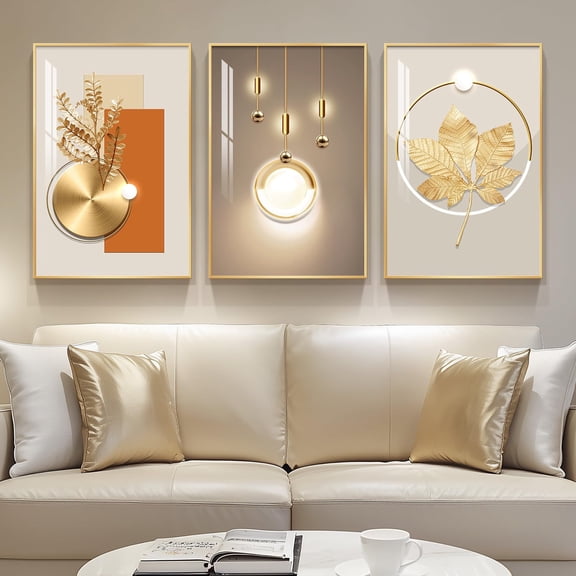 3-Piece Set 16x24 Inch Framed Modern Luxury Gold Wall Art, Golden Prints With Gold Frame For Home