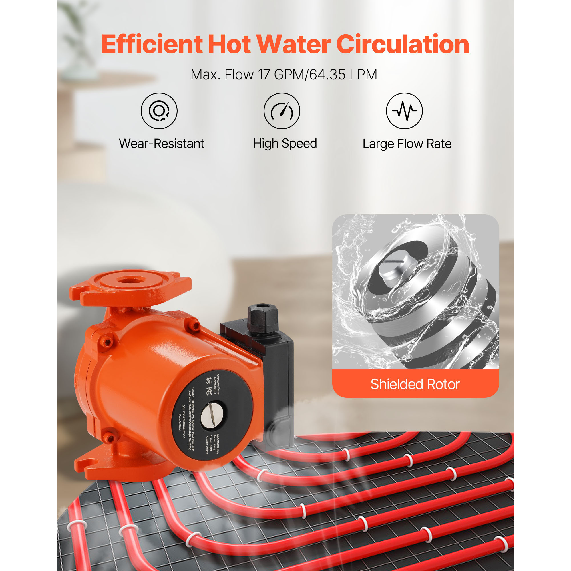 KFFKFF Cast Iron Circulator Pump, 17 GPM, AC 120V, 35 ft Hot Water Recirculation Pump, 3/4-Inch Flange Connection, 3-Speed Settings, Low-Noise Design, Suitable for Home Heating Systems