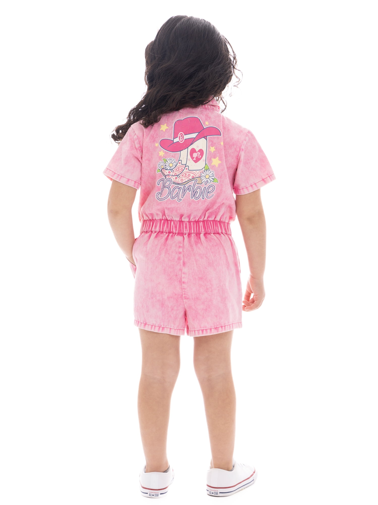 Barbie Toddler Girl Western Graphic Print Twill Romper with Short Sleeves, Sizes 12M-5T