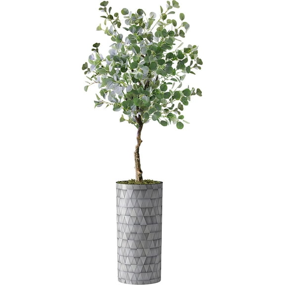 Artificial Tree in Modern Triangel Pattern Planter, Fake Eucalyptus Silk Tree for Indoor and Outdoor Home Decoration - 66" Overall Tall (Plant Pot Plus Tree)