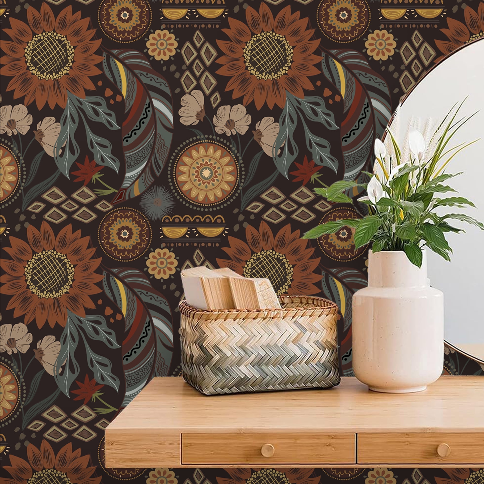 Abyssaly 17.7" x 393.7" Floral Peel and Stick Wallpaper Boho Wallpaper Removable Vintage Flower Contact Paper Retro Mural for Wall Decor Bedroom Bathroom