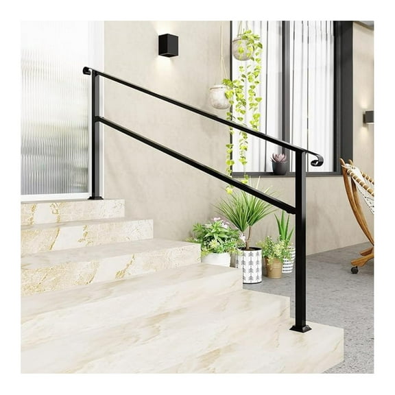 Hand Rails for Outdoor Steps, Deck Porch Railing Kit, 6 Step Stair Handrails, Curved Hand Rails for Seniors, Indoor Metal Stair Railing for Exterior Concrete Steps, 1-6 Step, Black