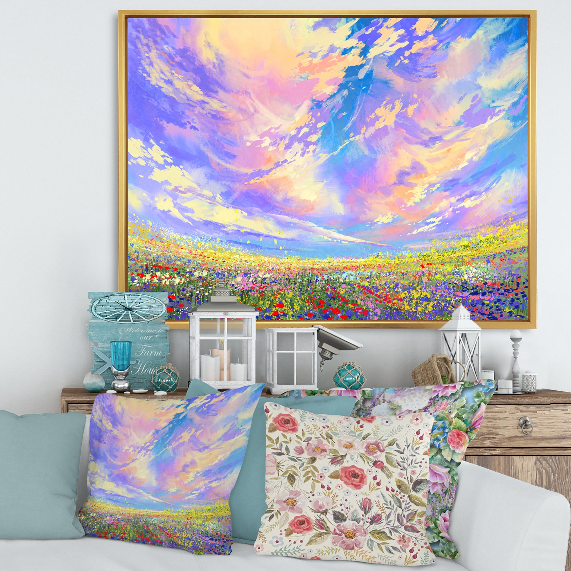 Designart 'Gorgeous Clouds Over Colorful Flowers In Field' Traditional Framed Canvas Wall Art Print