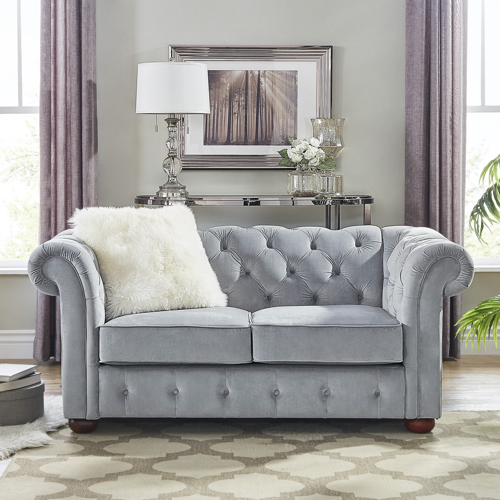 Weston Home Bowman Button Tufted Loveseat With Bowed Arms, Grey Velvet